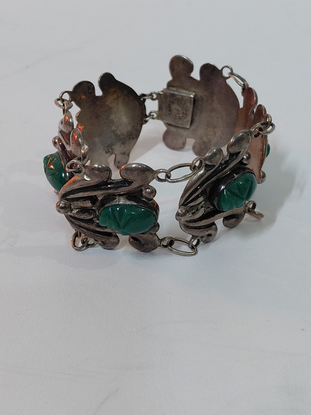 Vintage Heavy Sterling Silver Green Jade Faces Bracelet Mexico.